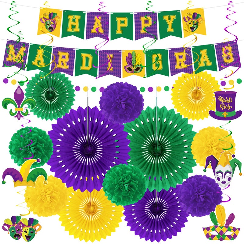 Heartome 25PCS Mardi Gras Decorations, Mardi Gras Party Favors Decor Kit with Paper POMPOM, Happy Carnival Paper Fans Banner Felt Garland, Crown Hanging Swirls for Carnival Party Parade Accessories - Image 1
