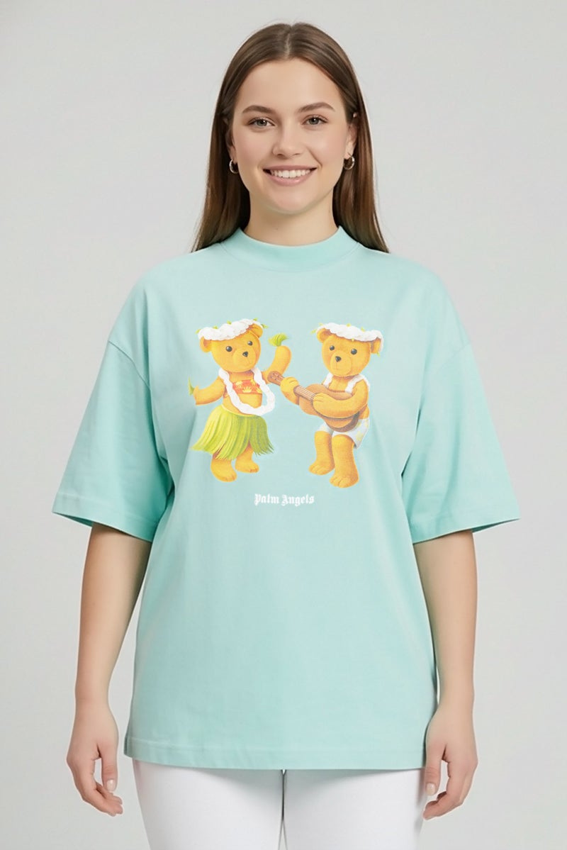 Palm Angels Women Oversized Round Neck Short Sleeve Graphic Print T-Shirt, Turquoise - Image 1