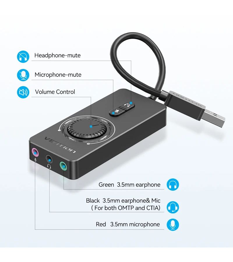 واجهة صوت خارجية USB مع كابل بطول 5.9 بوصة لسماعات الرأس والميكروفونات متوافقة مع أجهزة الكمبيوتر وأجهزة الكمبيوتر المحمولة وPS4 - Image 4