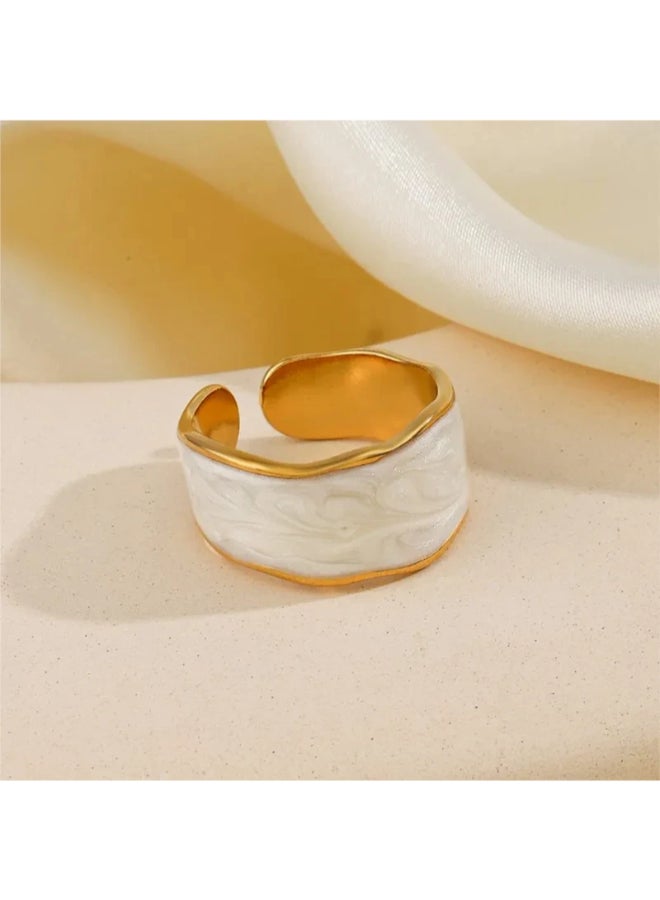 The Black Pearl Accessories Free Size Stainless Steel Golden Ring With White Enamel  - Image 5