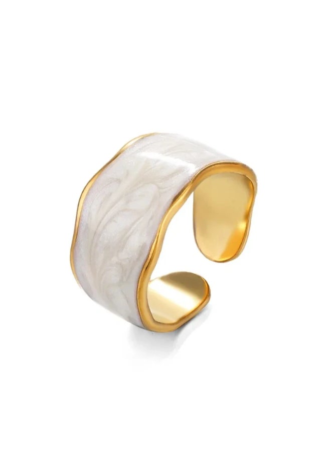 The Black Pearl Accessories Free Size Stainless Steel Golden Ring With White Enamel  - Image 1