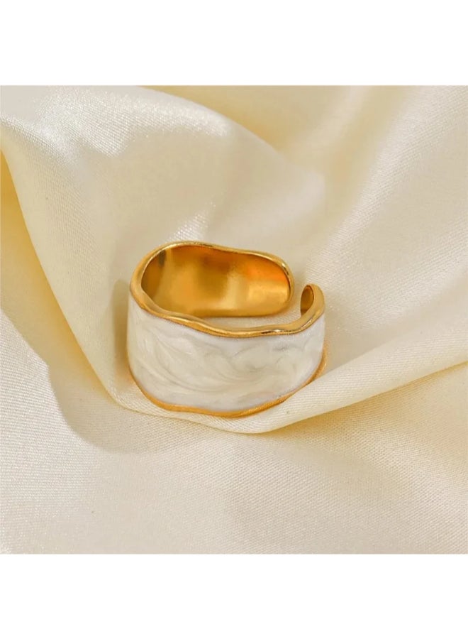 The Black Pearl Accessories Free Size Stainless Steel Golden Ring With White Enamel  - Image 3