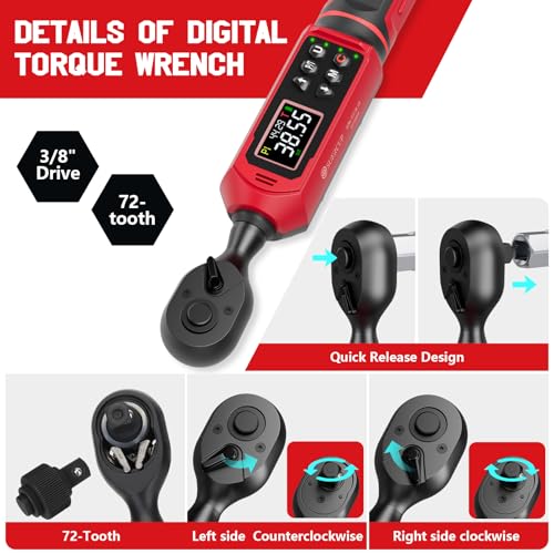 SUERCUP 3/8-inch Digital Torque Wrench(0.66-44.29Ft.Lb/0.9-60N.m) ±1% Accuracy Digital Torque Wrench with Vibration, Buzzer,LED Notification and Five Units of Measure, for Bike, DIY and Home Repair - Image 3