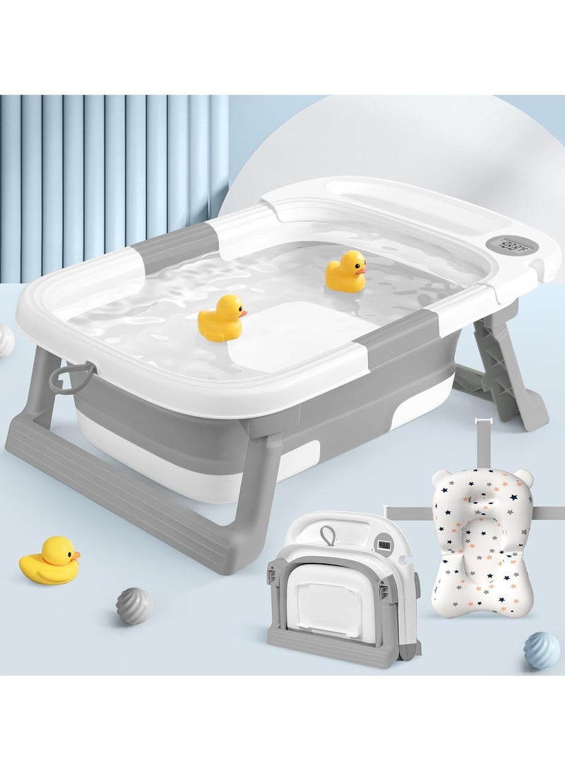 NNEWVANTE حوض استحمام قابل للطي للأطفال، حوض استحمام للأطفال مع ترمومتر ووسادة ناعمة، حوض استحمام للأطفال من حديثي الولادة حتى toddlers 0-36 شهرًا، حوض استحمام محمول للسفر مع أقدام غير قابلة للانزلاق، هدايا استحمام للأطفال، رمادي - Image 1