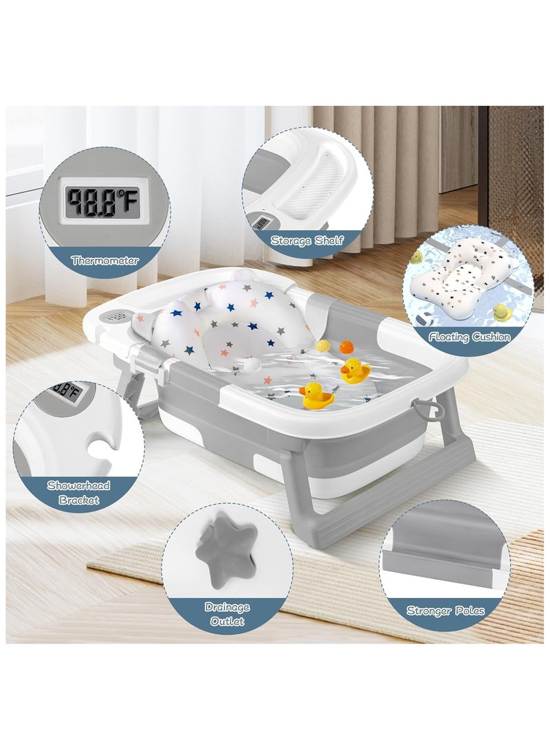 NNEWVANTE حوض استحمام قابل للطي للأطفال، حوض استحمام للأطفال مع ترمومتر ووسادة ناعمة، حوض استحمام للأطفال من حديثي الولادة حتى toddlers 0-36 شهرًا، حوض استحمام محمول للسفر مع أقدام غير قابلة للانزلاق، هدايا استحمام للأطفال، رمادي - Image 5
