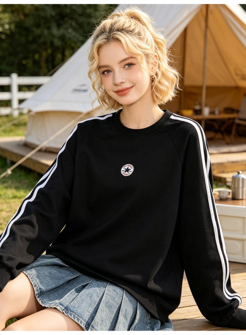 CONVERSE cotton round neck sweatshirt, men's and women's casual striped long-sleeved shirt, loose sports pullover with small logo. - Image 2