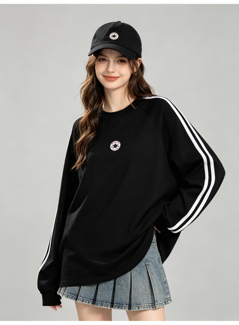 CONVERSE cotton round neck sweatshirt, men's and women's casual striped long-sleeved shirt, loose sports pullover with small logo. - Image 5