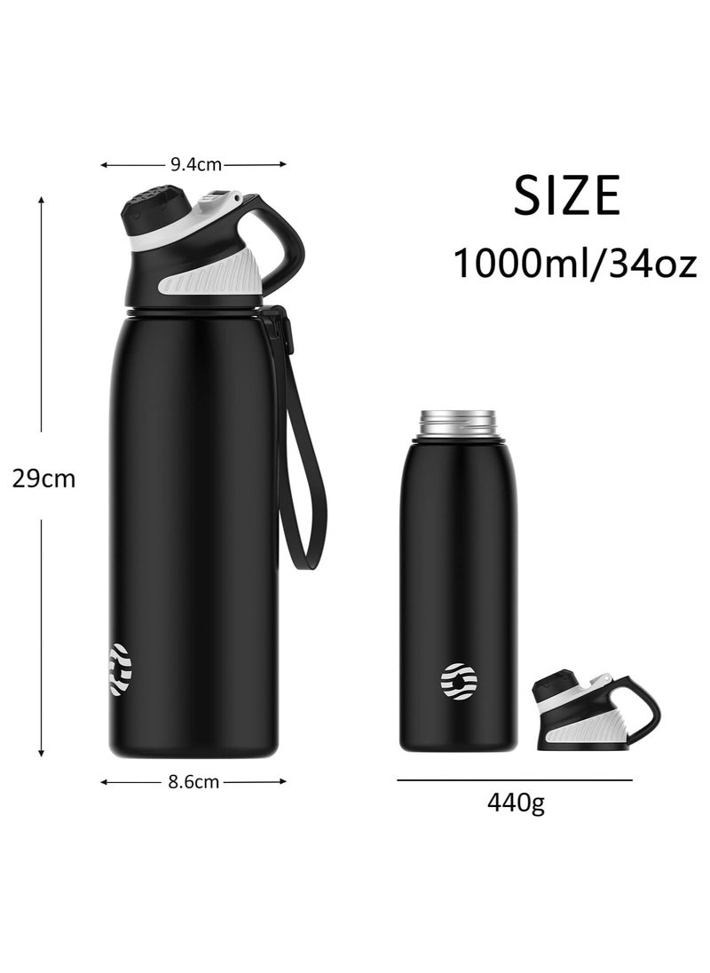 FjBottle - Stainless Steel Water Bottle 1L with Magnetic Lid, BPA Free Insulated Water Bottle, Sports Metal Water Bottle Hot&Cold Drinks Vacuum Flask Leak-Proof for Gym, Work, Travel - Image 1
