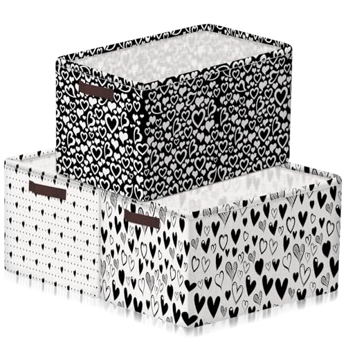 Geelin 3 Pcs Valentines Baskets Storage Valentines Day Basket for Gifts Collapsible Waterproof Canvas Black and White Heart Storage Bin Organizer with Handles for Book Closet Shelf Nursery Decor - Image 1