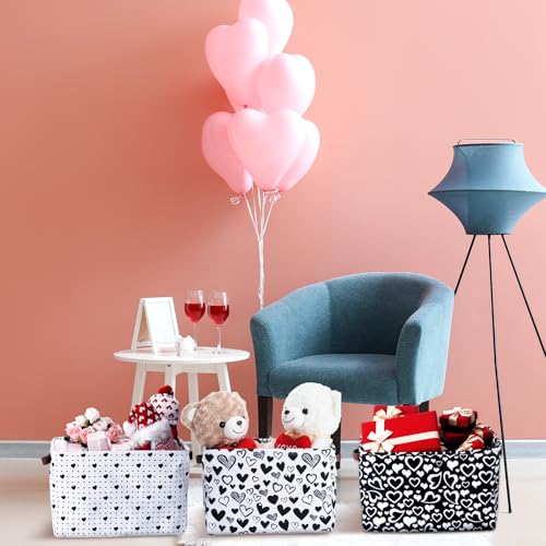 Geelin 3 Pcs Valentines Baskets Storage Valentines Day Basket for Gifts Collapsible Waterproof Canvas Black and White Heart Storage Bin Organizer with Handles for Book Closet Shelf Nursery Decor - Image 3