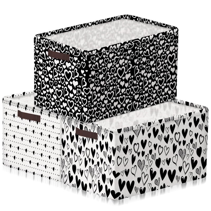 Geelin 3 Pcs Valentines Baskets Storage Valentines Day Basket for Gifts Collapsible Waterproof Canvas Black and White Heart Storage Bin Organizer with Handles for Book Closet Shelf Nursery Decor - Image 2