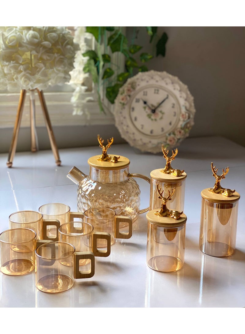 New 10-piece complete coffee and hospitality set made of heat-resistant glass. A very special arrangement (1 x 1-liter teapot + 6 coffee cups + 3 jars of varying sizes) for tea, sugar, coffee, and even candy. Excellent quality, imported product. - Image 3