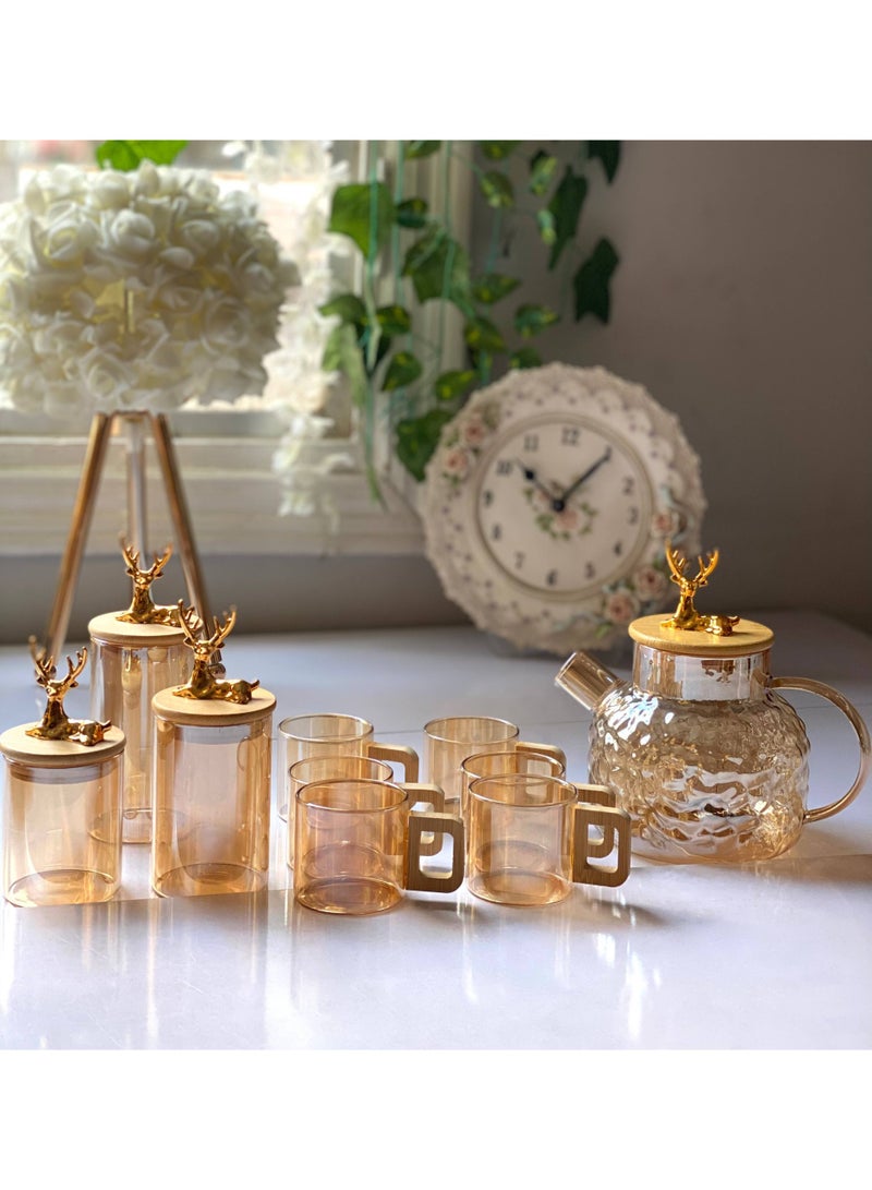 New 10-piece complete coffee and hospitality set made of heat-resistant glass. A very special arrangement (1 x 1-liter teapot + 6 coffee cups + 3 jars of varying sizes) for tea, sugar, coffee, and even candy. Excellent quality, imported product. - Image 4