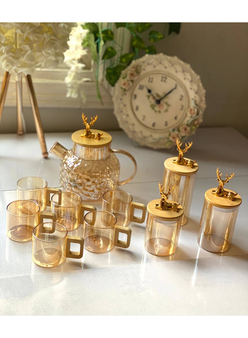New 10-piece complete coffee and hospitality set made of heat-resistant glass. A very special arrangement (1 x 1-liter teapot + 6 coffee cups + 3 jars of varying sizes) for tea, sugar, coffee, and even candy. Excellent quality, imported product. - Image 1