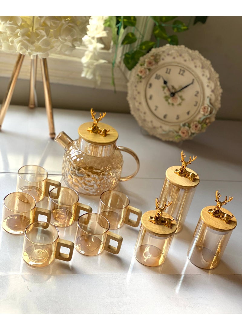 New 10-piece complete coffee and hospitality set made of heat-resistant glass. A very special arrangement (1 x 1-liter teapot + 6 coffee cups + 3 jars of varying sizes) for tea, sugar, coffee, and even candy. Excellent quality, imported product. - Image 5
