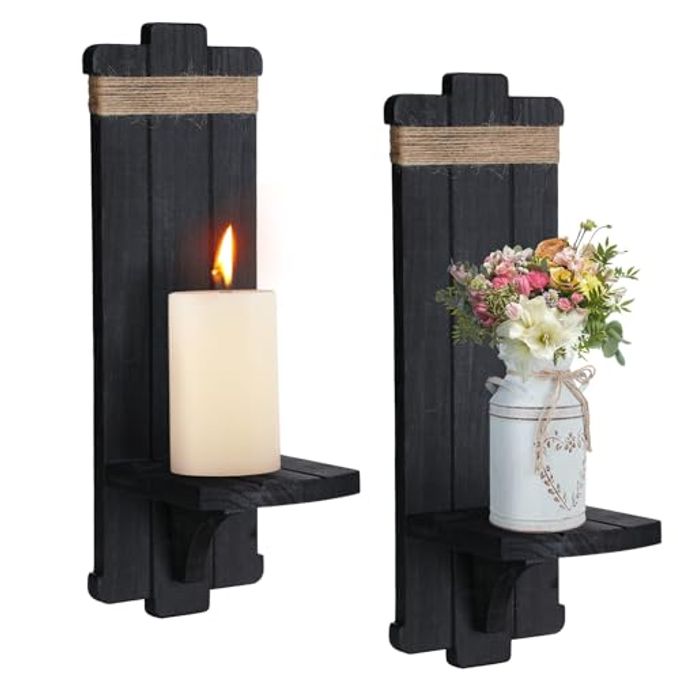 FARMHOUSE WALL DECOR CANDLE SCONCES 2 PCS RUSTIC GOTHIC HANDMADE WOODEN WALLMOUNT CANDLE HOLDERS FOR BEDROOM LIVING ROOM BATHROOM HOME HANGING ART DECORATIONS ACCESSORIES GIFTS BLACK