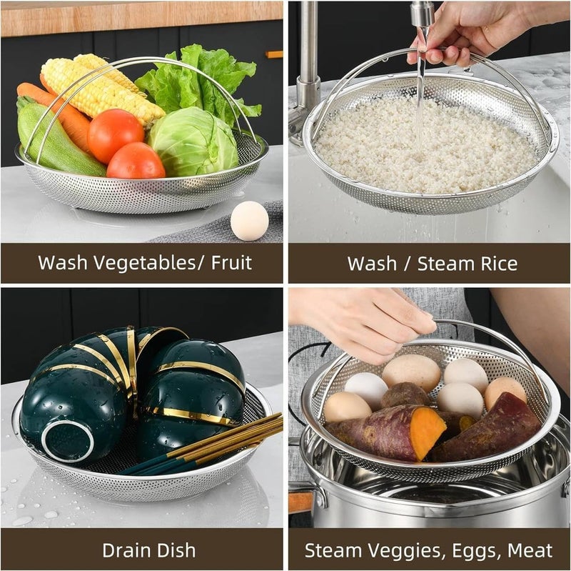 ATHA طبق سلة بخار من الفولاذ المقاوم للصدأ لطهي الطعام أطباق المأكولات البحرية وعاء طهي الأرز بخار دائري مع مقبض آمن في غسالة الصحون سهل الاستخدام لبخار الخضار فضي - Image 3
