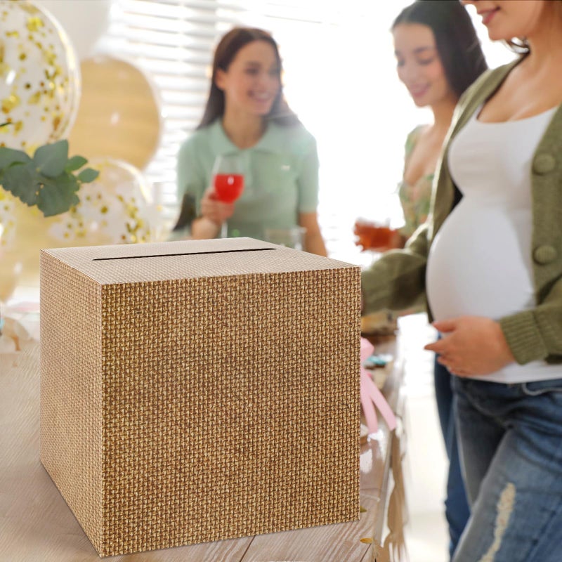 Lemicin Burlap Print Card Box 7.9In Gift Cards Receiving Box Holder Neutral Kraft Diaper Raffle Ticket for Baby Showers Bridal Shower Birthday Anniversaries Wedding Engagement Party Supplies - Image 4