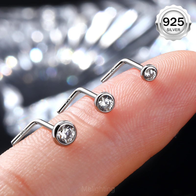 Melighting MeIighting 925 Sterling Silver Nose Stud L Shaped Nose Ring 20G Solid Silver Nose Piercing Jewelry Clear Round CZ for Women Men Nostril Piercing - Image 2
