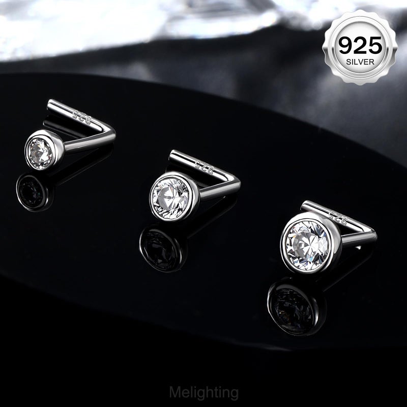 Melighting MeIighting 925 Sterling Silver Nose Stud L Shaped Nose Ring 20G Solid Silver Nose Piercing Jewelry Clear Round CZ for Women Men Nostril Piercing - Image 3