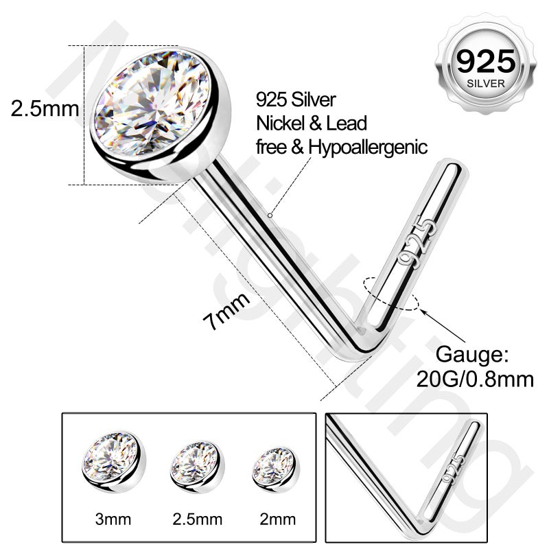 Melighting MeIighting 925 Sterling Silver Nose Stud L Shaped Nose Ring 20G Solid Silver Nose Piercing Jewelry Clear Round CZ for Women Men Nostril Piercing - Image 5