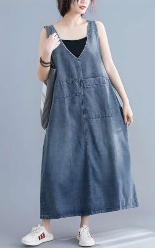 ebossy Casual Oversized Denim Overall Jumper Dress Women's Back Slit Pinafore Long Jean Dress with Pockets (L, Blue) - Image 2