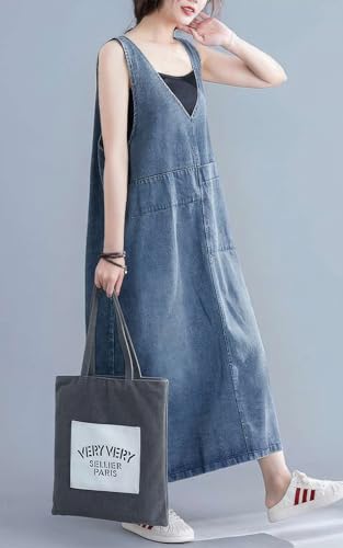 ebossy Casual Oversized Denim Overall Jumper Dress Women's Back Slit Pinafore Long Jean Dress with Pockets (L, Blue) - Image 5