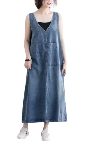 ebossy Casual Oversized Denim Overall Jumper Dress Women's Back Slit Pinafore Long Jean Dress with Pockets (L, Blue) - Image 1