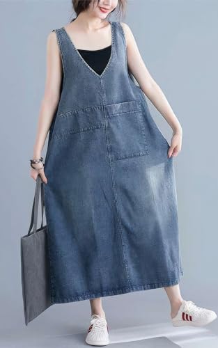 ebossy Casual Oversized Denim Overall Jumper Dress Women's Back Slit Pinafore Long Jean Dress with Pockets (L, Blue) - Image 3