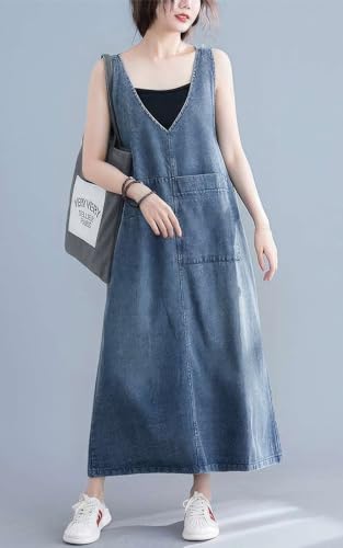 ebossy Casual Oversized Denim Overall Jumper Dress Women's Back Slit Pinafore Long Jean Dress with Pockets (L, Blue) - Image 4