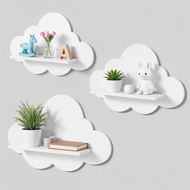 AojSup 3 Pcs Floating Cloud Shelves for Wall White Wavy Small Floating Shelves for Bathroom Living Room Bedroom Corner Nursery Decor - Image 1