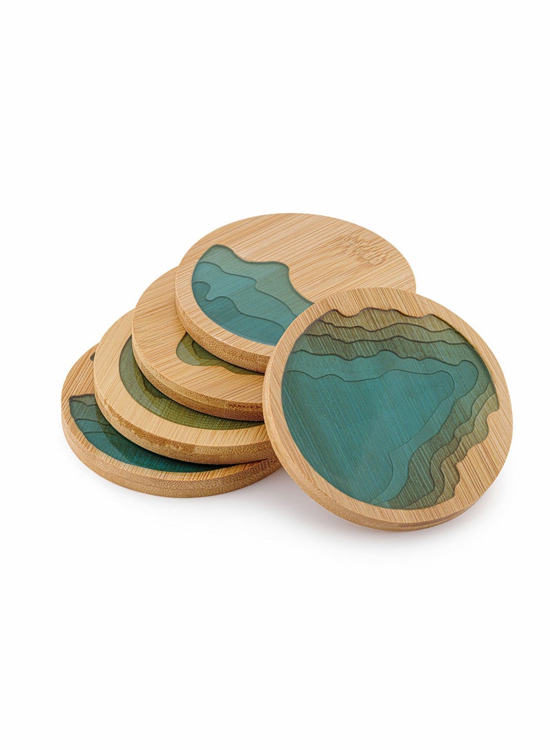 Y&D Bamboo Coaster Drink Mat, Epoxy Resin Coasters, for Cups, Dinning Table Accessories, Round Ocean Wave Handcraft, Gift Birthday, Housewarming Room Restaurant Decor, 5 Pcs - Image 1