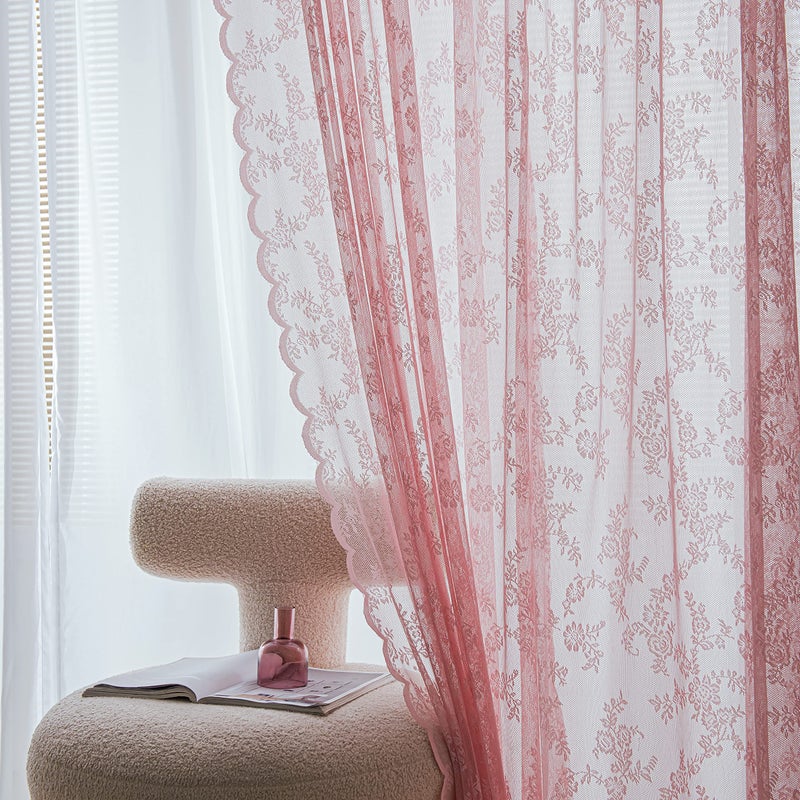 Sutuo Home Pink Lace Curtains 63 Inches Length 2 Panels Set Blush Sheer Window Floral Vintage Voile Window Panel Treatment for Girls BedroomLiving RoomKitchen Decor Rod Pocket W57 x L63