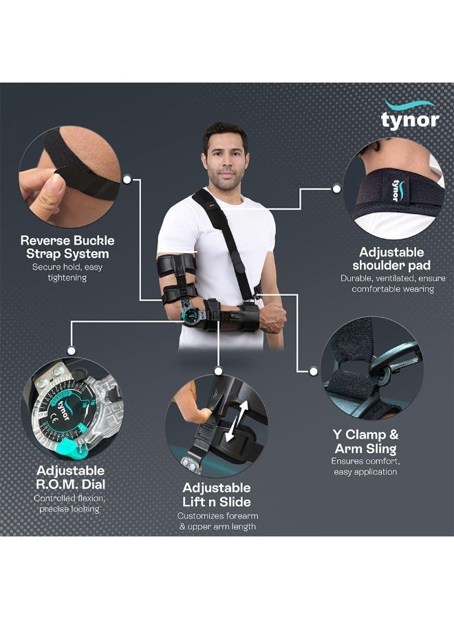 Tynor ROM Elbow Brace, with Adjustable Range of Motion | Support Elbow Injuries, Post-Surgery Recovery, Stabilizing Arm Brace for Pain Relief & Joint Protection | Universal Size, Right (1 Unit, Black) - Image 3