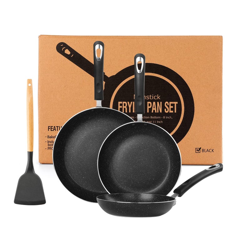 RATWIA Frying Pan 3Piece Set Nonstick Skillet Set for Induction Cooktop Frying Pan Nonstick 8 Inch95 Inch 11 Inch Black