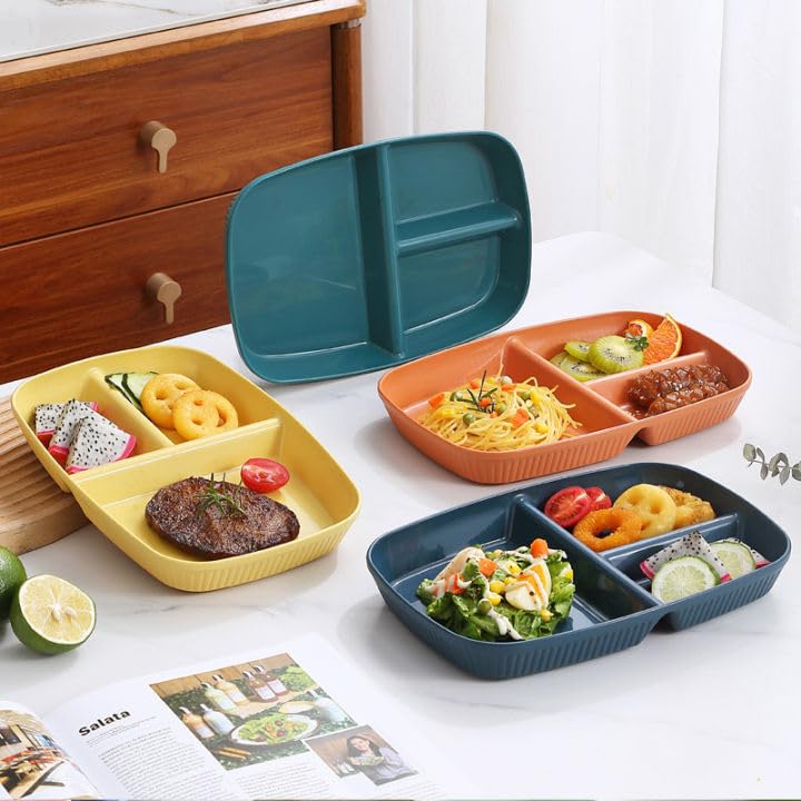 KitchAntique KitchAntique Japanese Style Wheat Straw Dinner Plates Stylish Stripe Design Divided 3Compartment Rectangular Serving Dishes Microwave Dishwasher Safe Tableware for Dinner Snacks Parties - Image 4