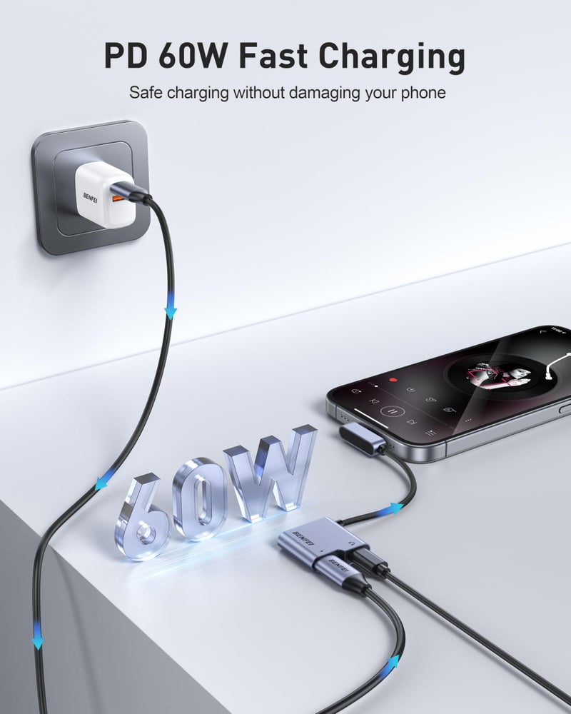 BENFEI USB C Splitter 1 in 2 Out Dual USB C Audio Jack Adapter with 60W Fast Charging, Type C Audio Headphone Compatible with iPhone 16/16 Pro/Pro Max, Samsung Galaxy S25/S24/S23 iPad Pro, Pixel 9 - Image 4