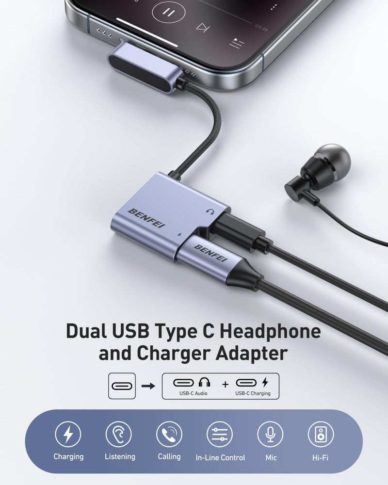 BENFEI USB C Splitter 1 in 2 Out Dual USB C Audio Jack Adapter with 60W Fast Charging, Type C Audio Headphone Compatible with iPhone 16/16 Pro/Pro Max, Samsung Galaxy S25/S24/S23 iPad Pro, Pixel 9 - Image 2