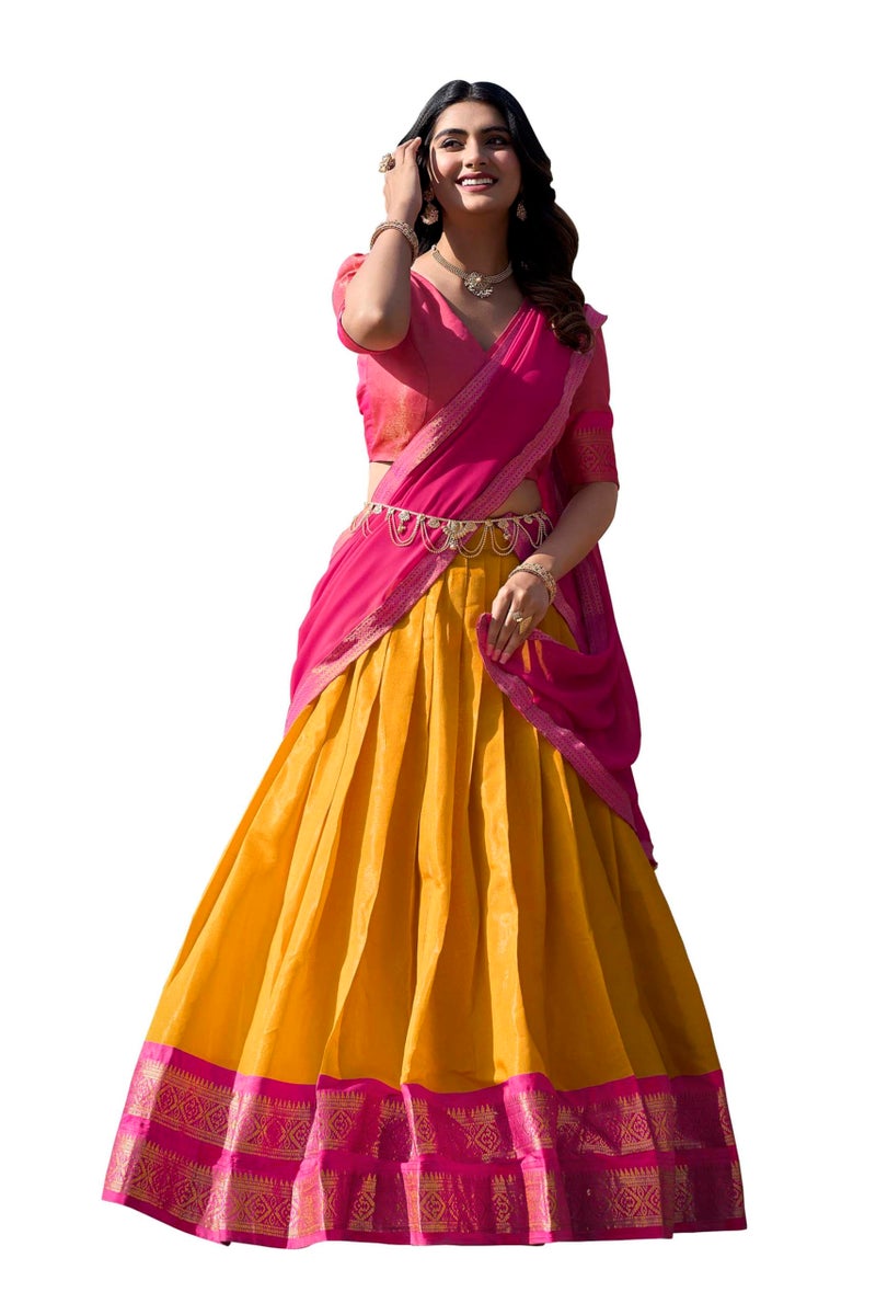 LooknBook Art Women's Solid Pattern Cotton Silk Blend Lehenga Choli Dupatta Set with Unstitched Blouse Piece and Zari Weave Type - Image 1