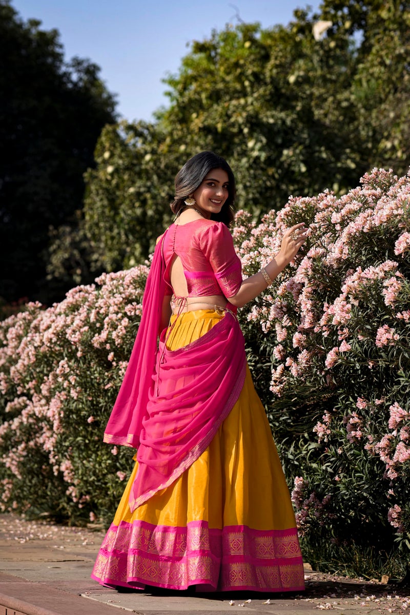 LooknBook Art Women's Solid Pattern Cotton Silk Blend Lehenga Choli Dupatta Set with Unstitched Blouse Piece and Zari Weave Type - Image 2