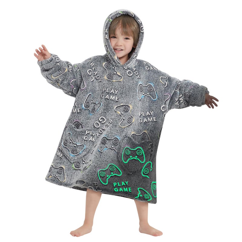 Fiosnow Glow in the Dark Game Controller Blanket Hoodies for Kids Toddler 2-6YR Oversize Wearable Blanket Hoodies for Boys Girls - Image 1