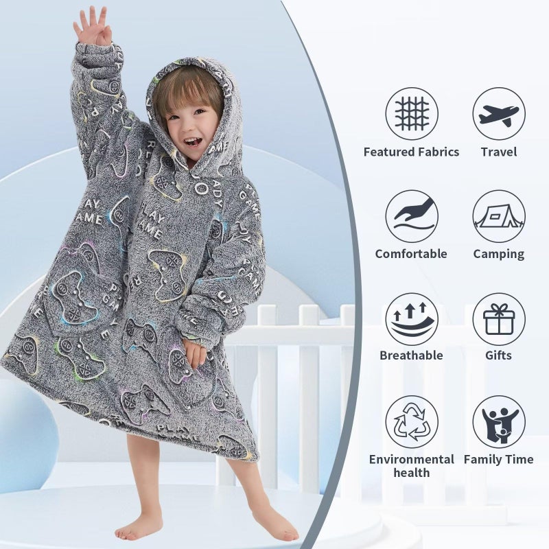 Fiosnow Glow in the Dark Game Controller Blanket Hoodies for Kids Toddler 2-6YR Oversize Wearable Blanket Hoodies for Boys Girls - Image 3
