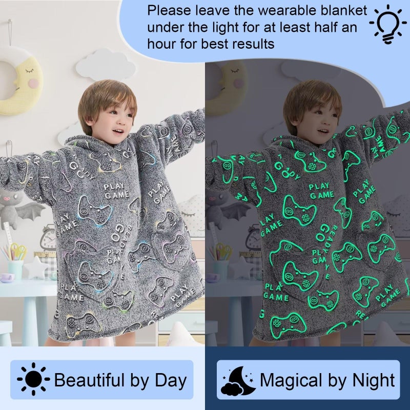 Fiosnow Glow in the Dark Game Controller Blanket Hoodies for Kids Toddler 2-6YR Oversize Wearable Blanket Hoodies for Boys Girls - Image 2