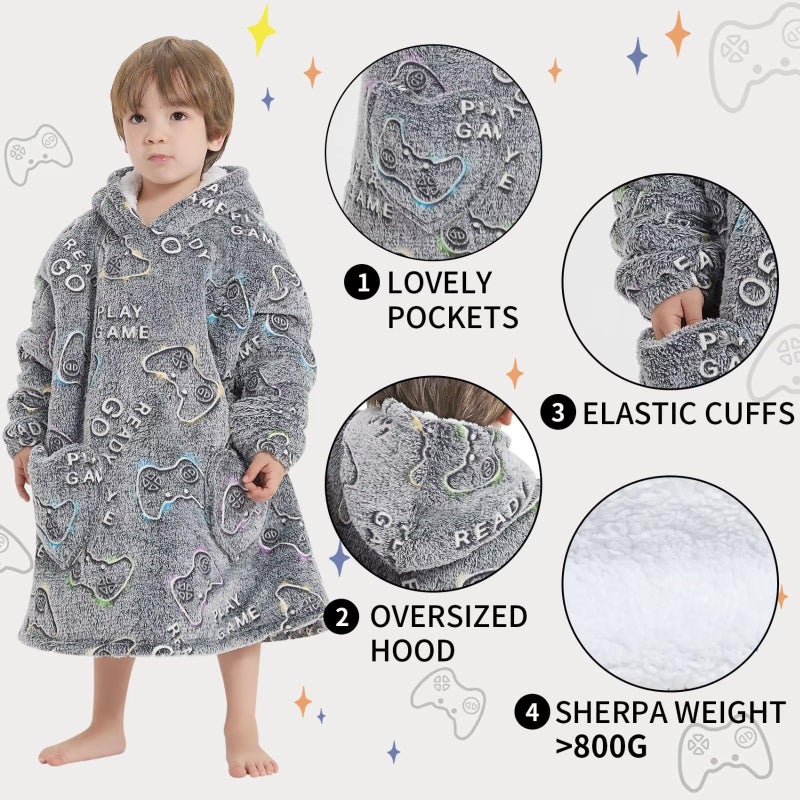 Fiosnow Glow in the Dark Game Controller Blanket Hoodies for Kids Toddler 2-6YR Oversize Wearable Blanket Hoodies for Boys Girls - Image 5