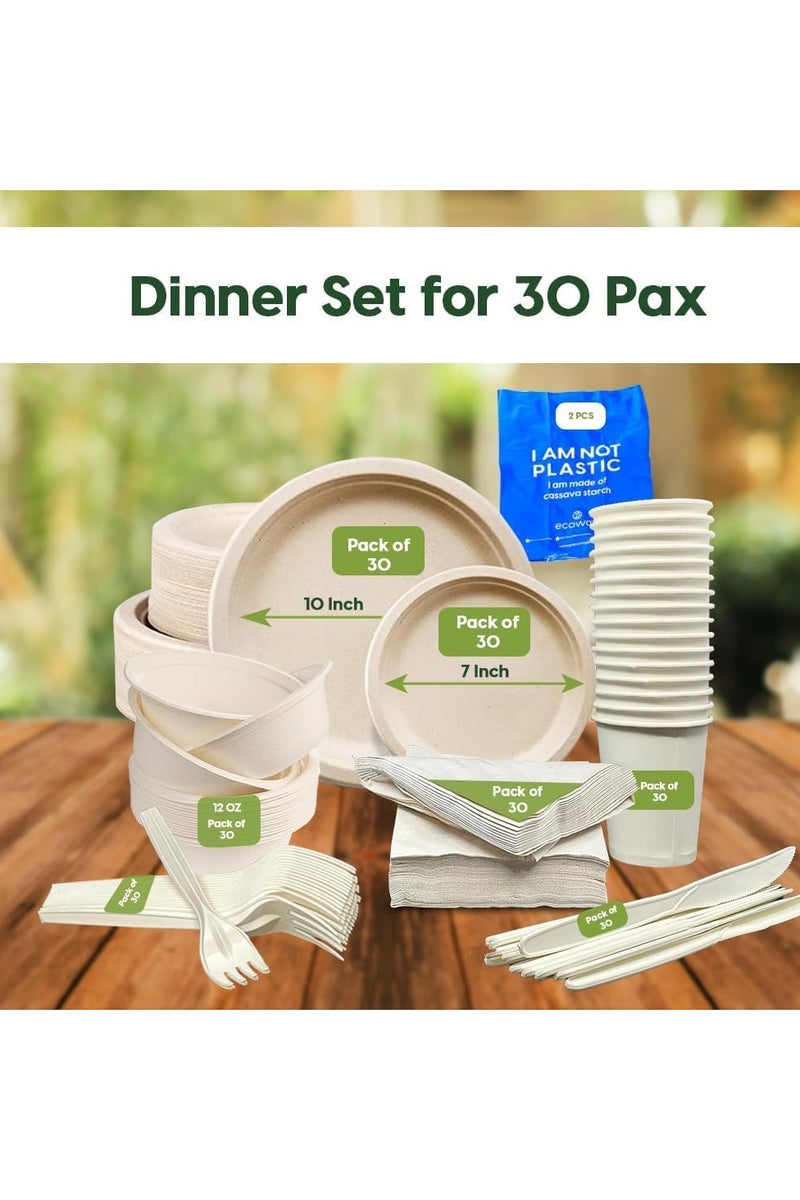 Ecoway Fancy Disposable Dinnerware Set, Bagasse Plates Set, Pack of 30 Compostable Party Supplies, Biodegradable Dinner Set Including Cutlery Set & Utensils For Party, Picnic - Image 2