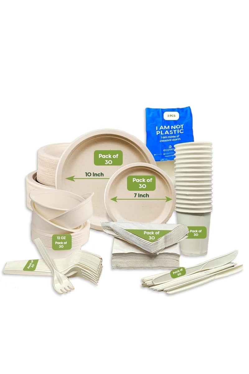 Ecoway Fancy Disposable Dinnerware Set, Bagasse Plates Set, Pack of 30 Compostable Party Supplies, Biodegradable Dinner Set Including Cutlery Set & Utensils For Party, Picnic - Image 1