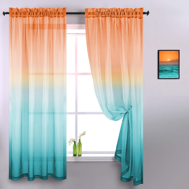 KOUFALL Orange and Turquoise Curtains for Living Room 84 Inches Long Sheer Ombre 70s Retro Curtains for Bedroom 2 PanelsMint Green and Teal