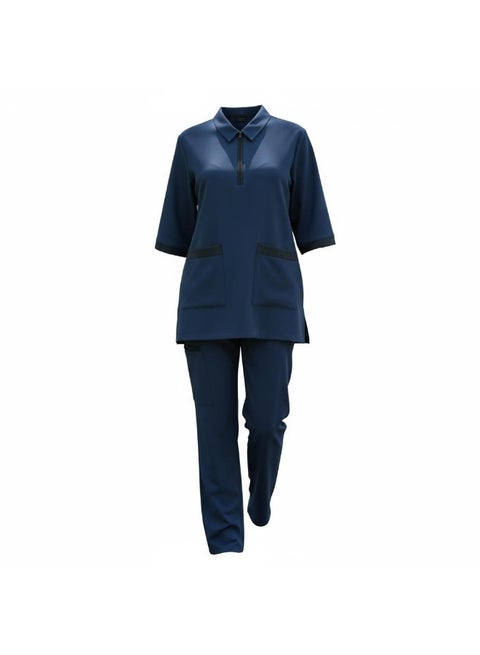 Women's Two-Piece Maid Uniform Set, 3/4 Sleeve Tunic with Collar, Maid and Nanny Dress Set With Long Pant, Scrub Set