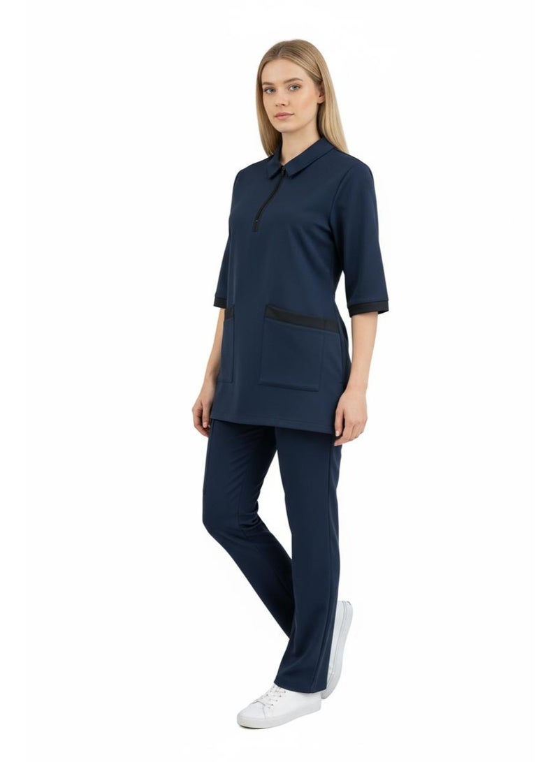 أزياء دي مجموعة زي خادمة نسائية من قطعتين ، سترة بأكمام 3/4 مع ياقة ، طقم فستان خادمة ومربية مع بنطلون طويل ، فستان خدامة ، طقم فرك - Image 2