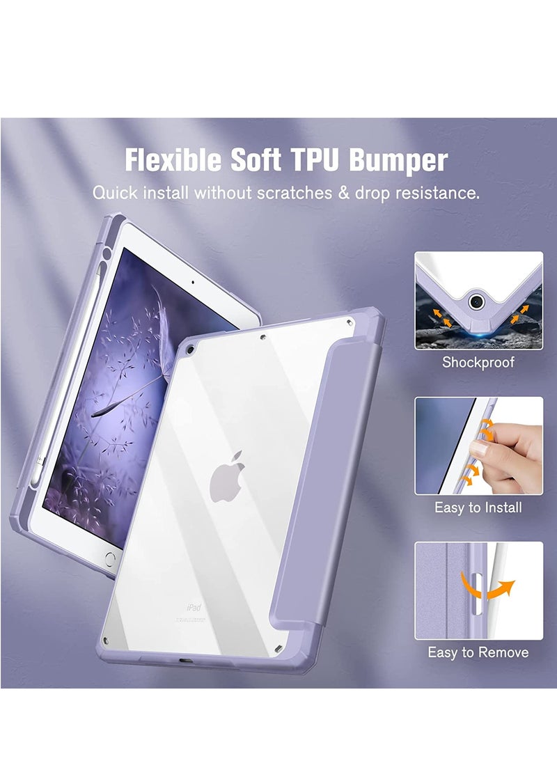 glassology - iPad 9th / 8th / 7th Generation (2021/ 2020 / 2019) 10.2/10.5 Inch - Hybrid Slim Case Built-in Pencil Holder Shockproof Cover with Clear Transparent Back Shell, Stylish lilac/lavender case with Screen Protector - Image 1